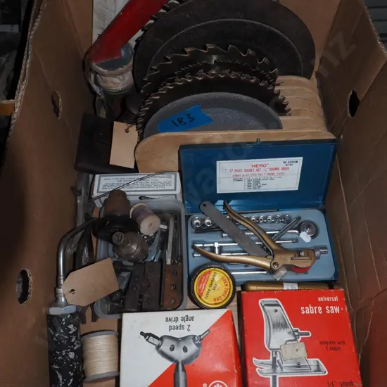 small socket set, saw blades etc