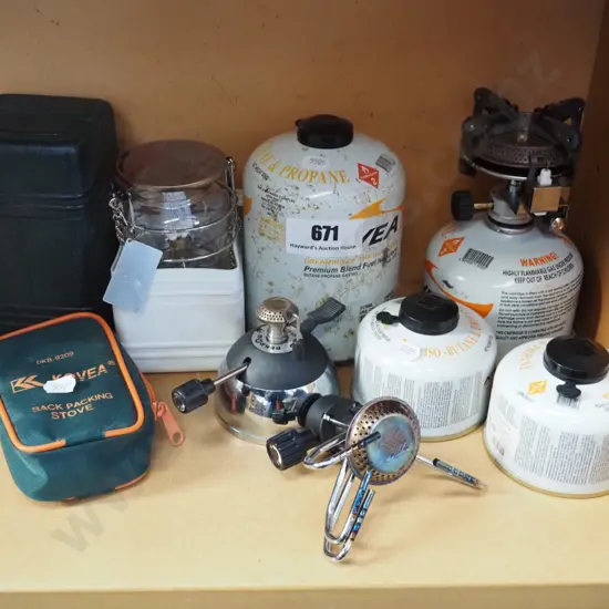 camp stoves, lights, propane bottles