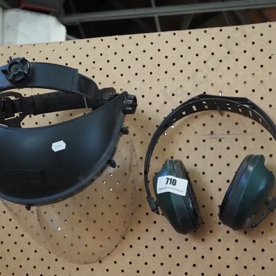 ear muffs, plastic face shield