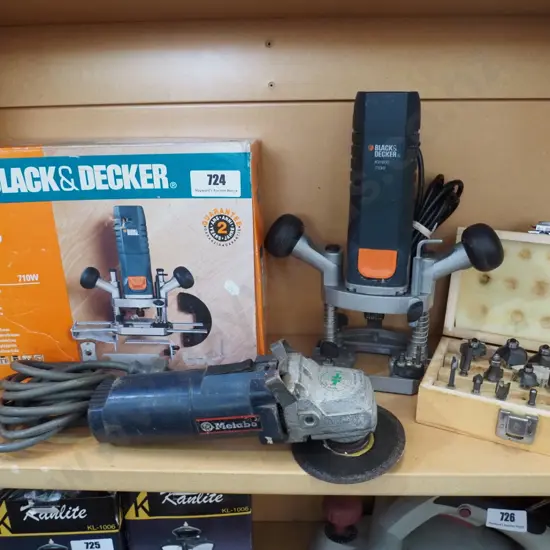 shelf; plunge router, router bits etc