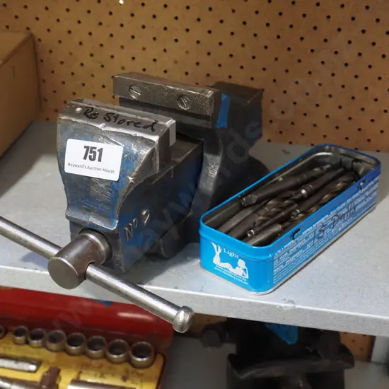 Record No 2 engineer's vice, various drill bits