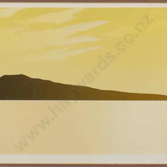 Don Gee '84 - framed screenprint 38/150 "Rangitoto at Sunrise" H-225 W-580