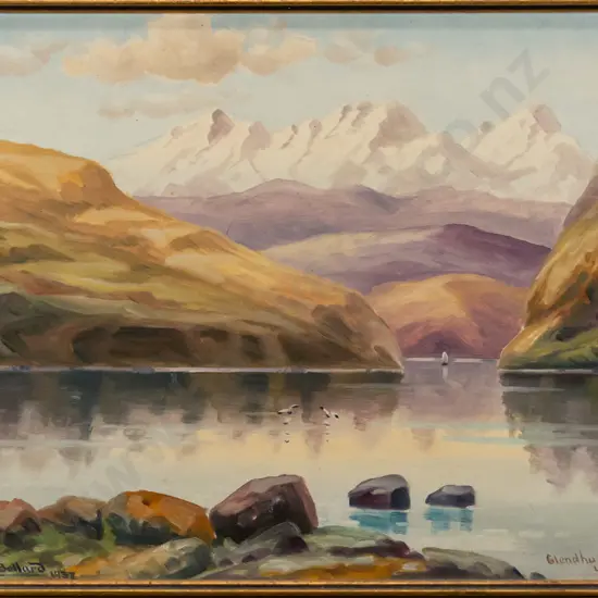 W Allen Bollard 1937 - framed oil "Glendhu Bay, Lake Wanaka" H-360 W-510