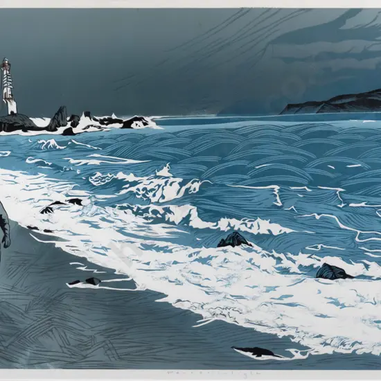 Manu Berry - framed woodcut "Pencarrow Light" H-610 W-870