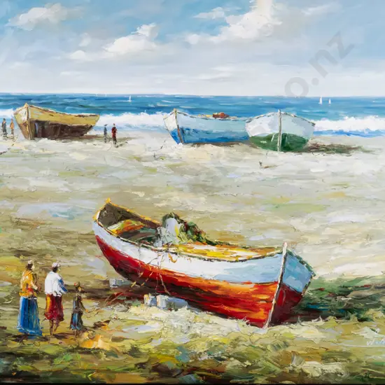 illegible signature - boxed oil on canvas - boats on beach H-820 W-1140