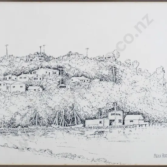 Frank Reed '80 - framed ink "Boat Sheds, Macandrew Bay" H-240 W-320