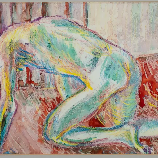 Paul Shirriffs 1989 - framed watercolour and crayon "Nude on Fours" H-220 W-310
