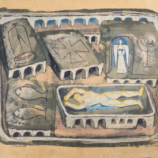 John Middleditch - unframed watercolour "Jerusalem" H-480 W-600 (widespread creasing)