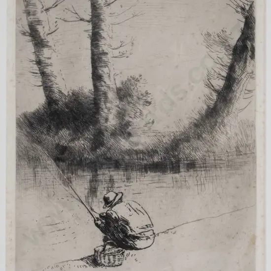 illegible signature - framed etching - person fishing H-320 W-235 (widespread foxing)