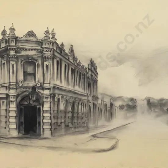 Watts Davies - unframed charcoal on board - Oamaru scene H-520 W-1220