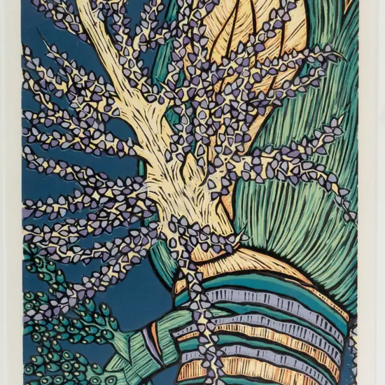 Jo Ogier '1992 - framed woodcut 3/8 "Nikau" H-420 W-280