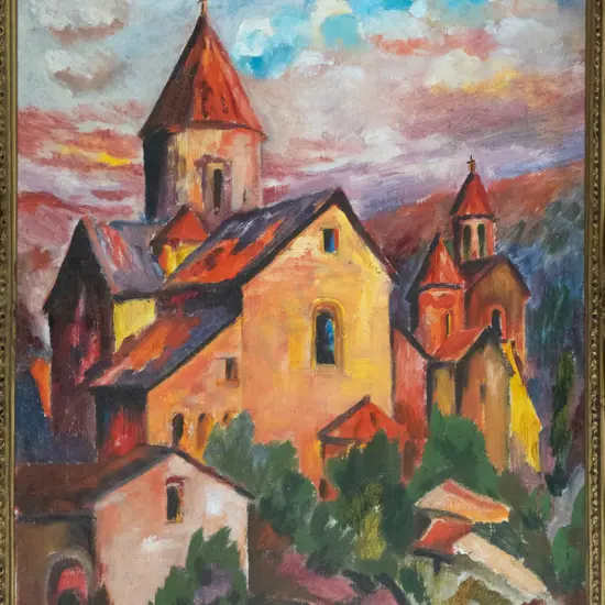 Hardwicke Knight - framed oil - church and buildings scene H-480 W-390
