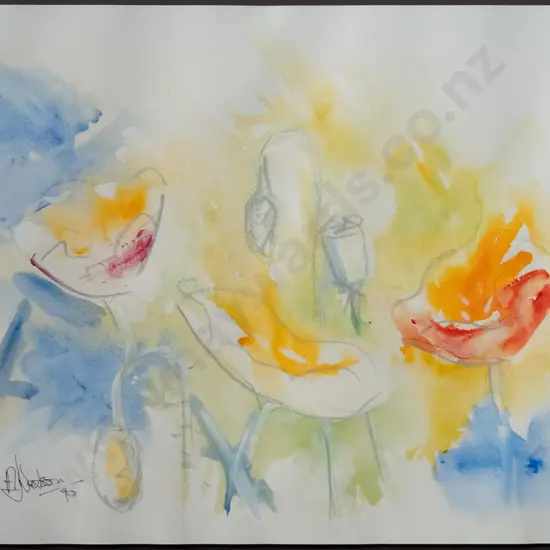 Angus Watson '95 - framed acrylic "Poppies" H-410 W-580 (warping to paper)