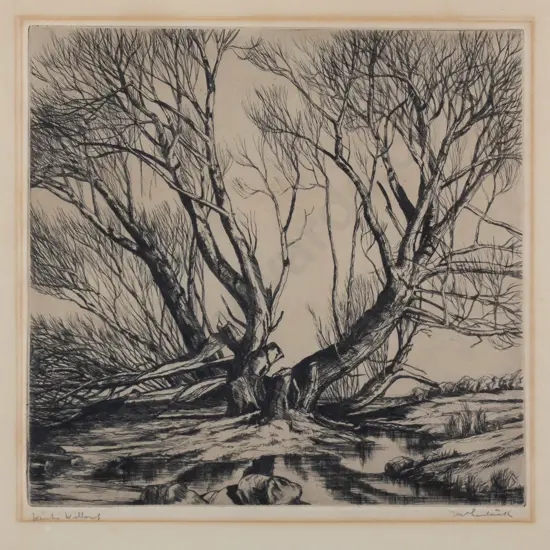 AH McLintock - framed etching "Winter Willows" H-240 W-250