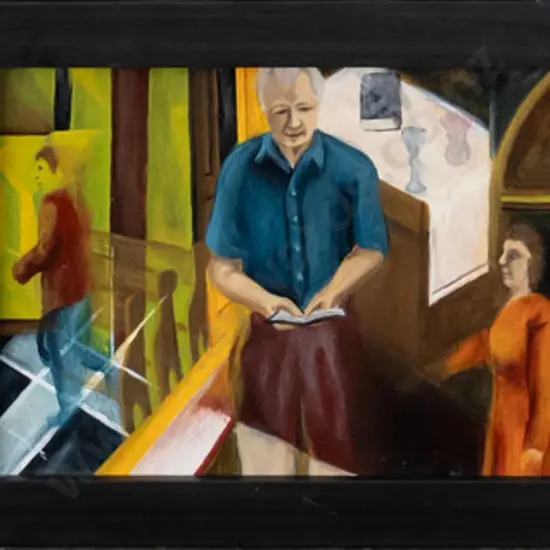 (E.K.?) Chalmers - framed oil on board - religious scenes triptych. Largest panel H-125 W-195,