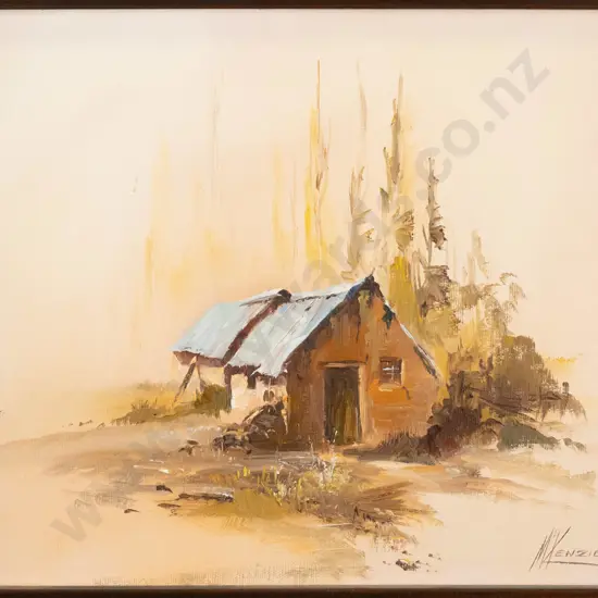 Charles D McKenzie 1980 - framed oil "Lye Bow's Huts" H-245 W-290