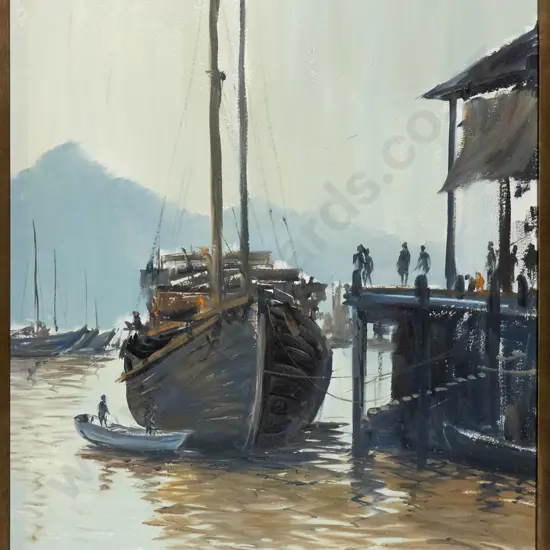 GA Genet - framed oil "At The Wharf, Hong Kong" H-500 W-400