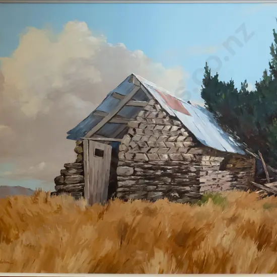 Kenneth Nelson 1971 - framed oil "Old Rabbiter's Hut, Moonlight Otago" H-500 W-640