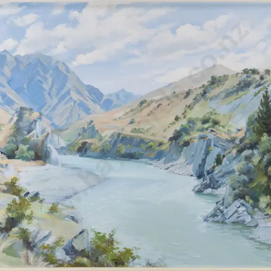 Peter Brown 1965 - framed oil - river and mountain scene H-490 W-590