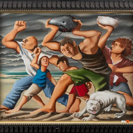 Frank Gordon '07- framed oil - group on beach H-3900 W-490