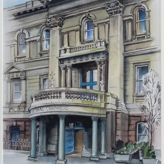 Mavis McKinney - framed watercolour "Dunedin Town Hall" H-345 W-250