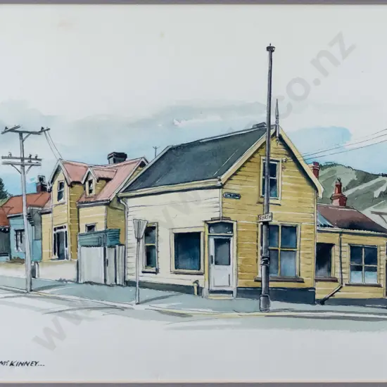 Mavis McKinney - framed watercolour "Corner Forth and Union Street" H-250 W-355 (slight foxing)