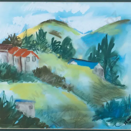 JK Weir '94 - framed watercolour and pastel - country scene H-315 W-340