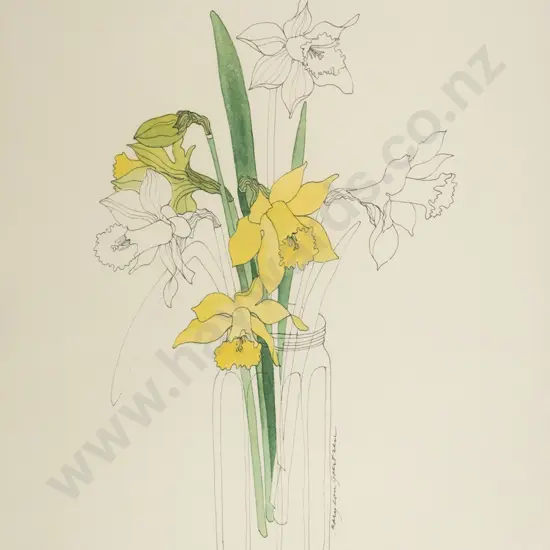 Mary Lou Goertzen - framed ink and watercolour - daffodils H-380 W-290