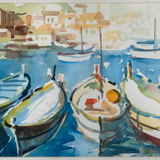 Clark Esplin '07 - framed watercolour "Fishing boats - Nice" H-290 W-380 (framing needs attention)