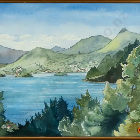 Joan Brickell 1985 - framed watercolour "Otago Harbour, Harbour Cone from St Leonards" H-265 W-340