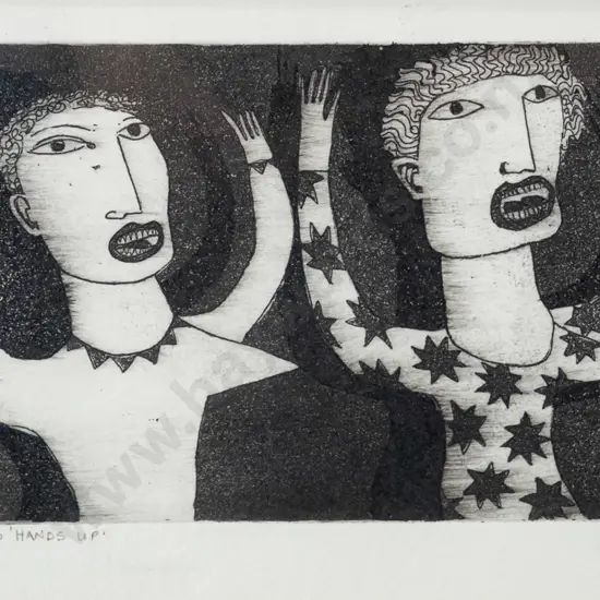 Sue Symes '93 - framed etching 3/20 "Hands Up" H-130 W-190