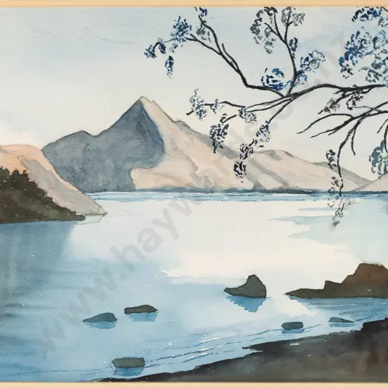 Joan Brickell '90 - framed watercolour - lake and mountain scene  H-250 W-350