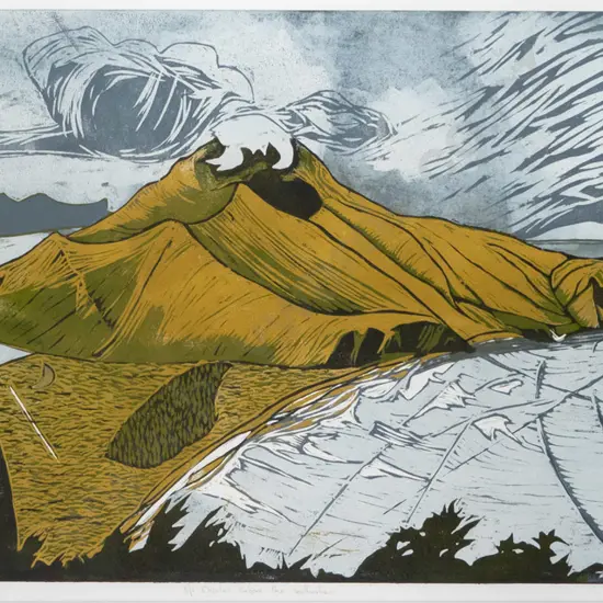 Manu Berry - framed woodcut "Mount Charles before the southerlies" H-480 W-950