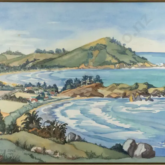 Phyllis Jones - framed watercolour "Karitane in the Spring" H-370 W-530