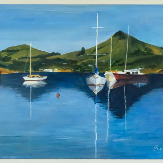 Betty Olsen - framed watercolour - Harbour Cone,Otago Harbour H-250 W-360