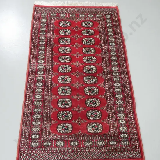 hand-knotted wool Turkoman floor rug - dark red, black, cream. L-1660 W-940
