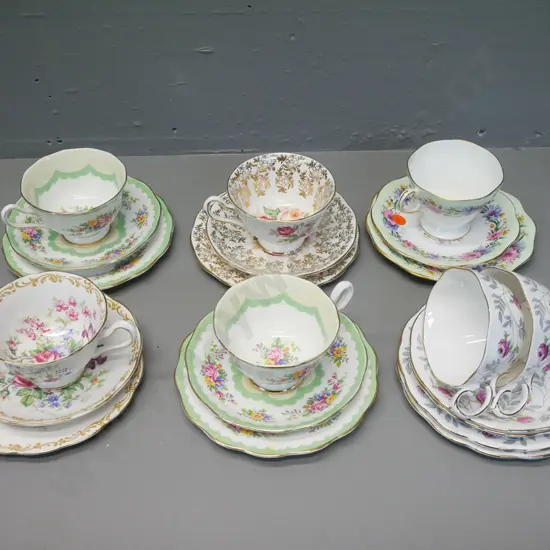 7 English bone china trios - 6 Royal Albert incl. Prudence, Nosegay, etc - and one Old Foley