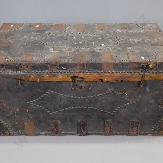 vintage timber trunk covered in leather w/ brass studs, metal strapping - label Portmanteans Trunk - John Weir Saddlers