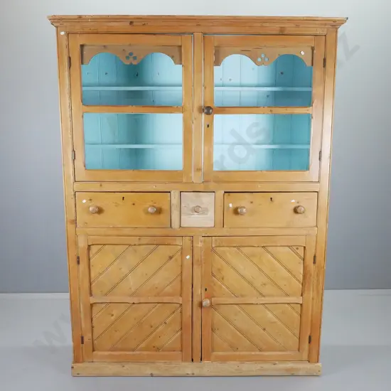 Victorian waxed Baltic pine kitchen cupboard with 3 drawers, 2 glazed upper doors, 2 panelled doors, painted duck egg