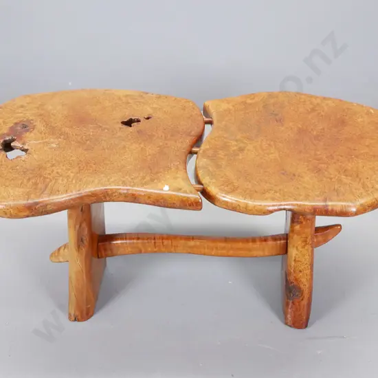 burr totara slab construction small table, signed Newby, H- 450, W-1040, D- 500
