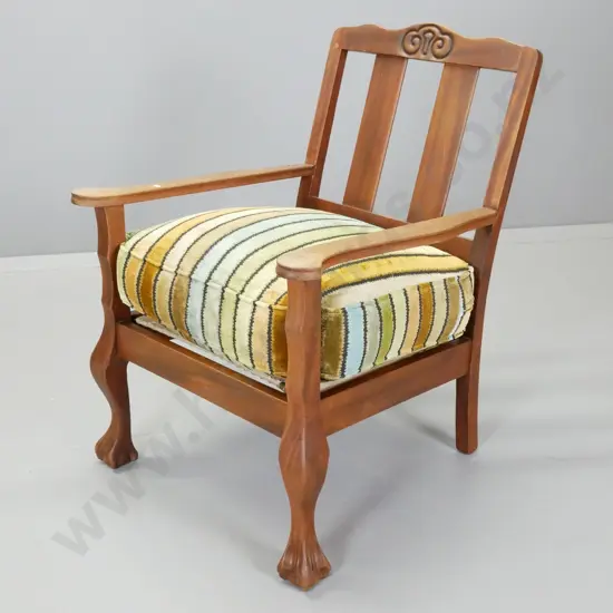 vintage mahogany fireside armchair with slat back, loose striped fabric seat cushion, ball & claw feet H830 W620 D600