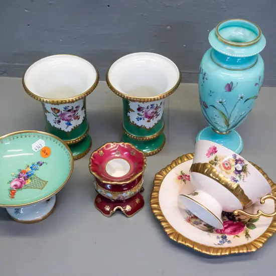 4 pieces German porcelain, Caverswall hand-painted and signed cup & saucer, & a Victorian hand-painted glass vase H-185
