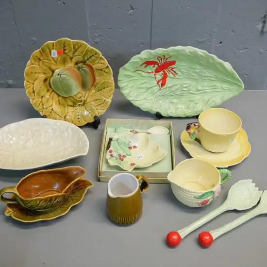 Carlton ware flower-handled cup & saucer, lobster dish & servers, boxed jam dish & spoon, Sarreguemines small plate, etc