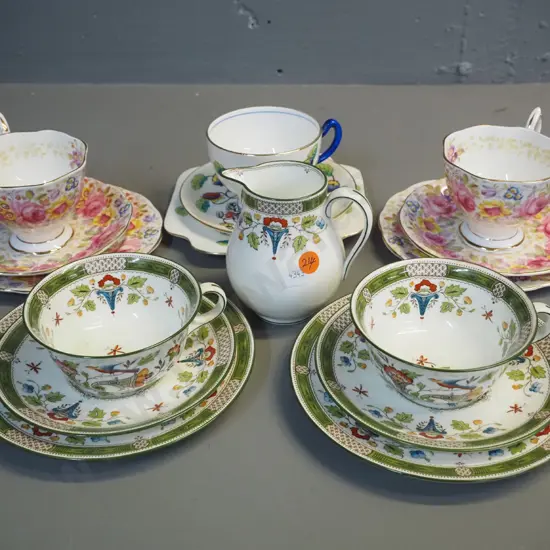 5 trios - Royal Albert, Wedgwood, Grafton - and a Wedgwood jug