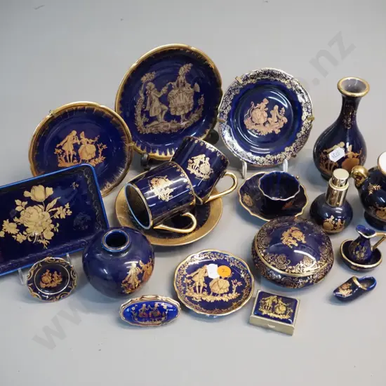 16 pieces of small Limoges cobalt and gold romance ware - largest plate is D-135