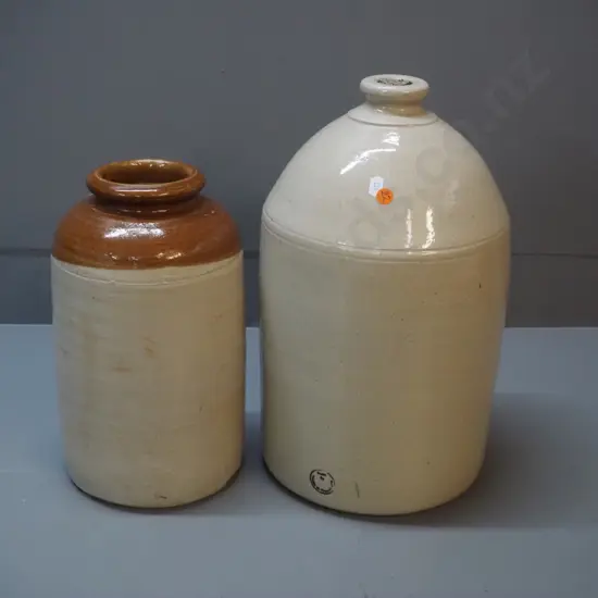 2 stoneware crocks - larger narrow mouth marked Timaru Potteries H410 D-230 and smaller wide mouth, no maker's marks