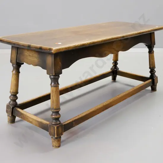 oak turned leg coffee table on box section refectory base - wear to surface H-420 W-920 D-370