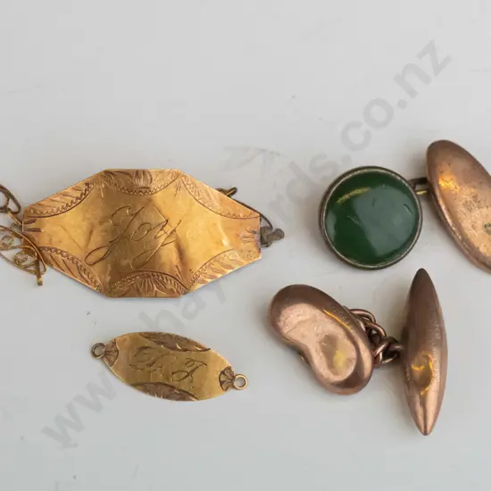 1 9ct cuflink, gilt greenstone cufflink, small 9ct ID plate engraved DJ .50gms & ID bracelet plate engraved Joy