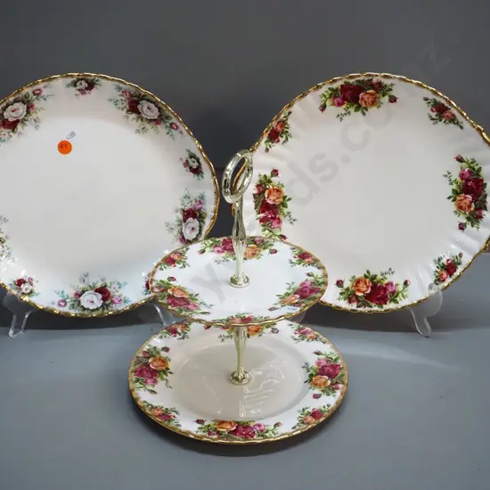 2 Royal Albert cake plates - Celebration & Old Country Roses, and a 2-tier cake stand