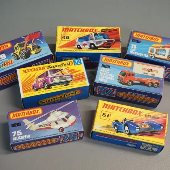 7 Matchbox vehicles in original boxes -  assorted Superfast cars, helicopter, transporter, etc.